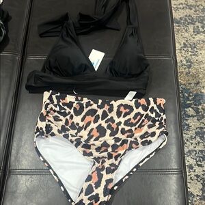 Black Bikini Top with Leopard Print Bottoms